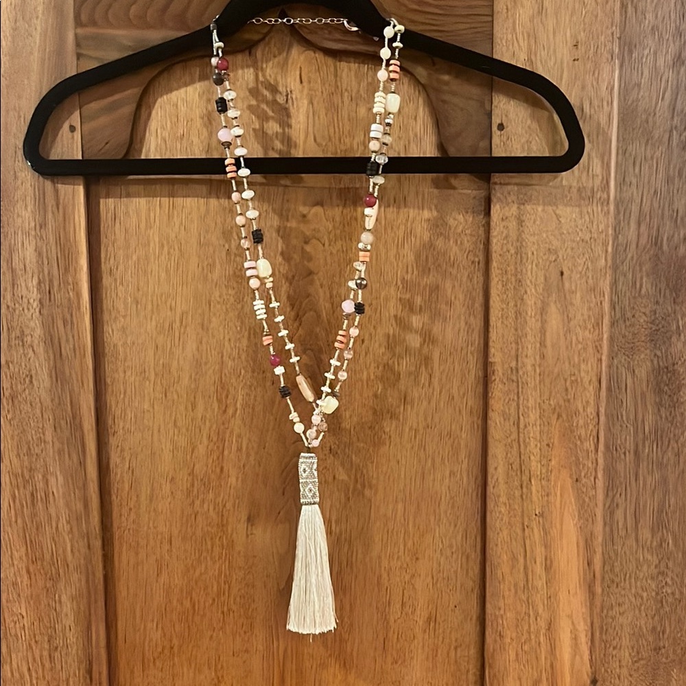 Exquisite bead and naturall stone necklace. With beaded drop tassel.